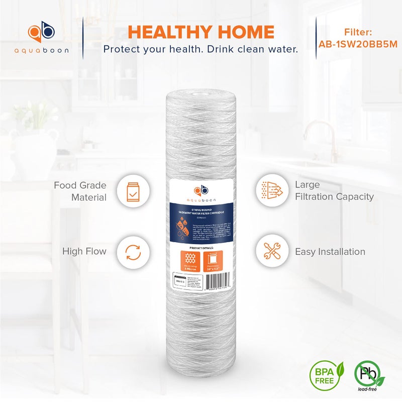 Aquaboon 5 Micron 20 x 4.5 Whole House String Wound Water Filter Replacement Cartridge for Well Water Filtration Compatible with WP5BB20P, 2-Pack - Image 4